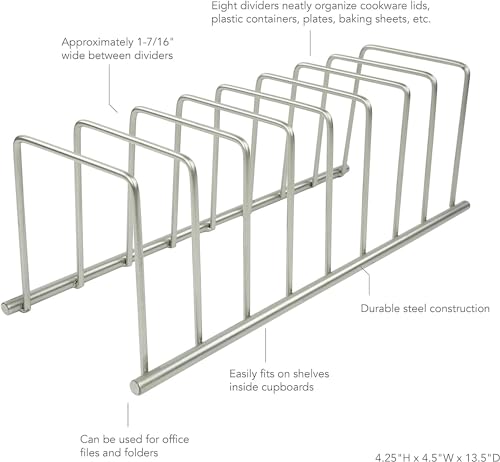 Spectrum Diversified Euro Kitchen Organizer for Plates, Cutting Boards, Bakeware Cooling Racks, Pots & Pans, Serving Trays, Reusable Containers, and Lids, Satin Nickel 13.5" x 4.5" x 4.25"