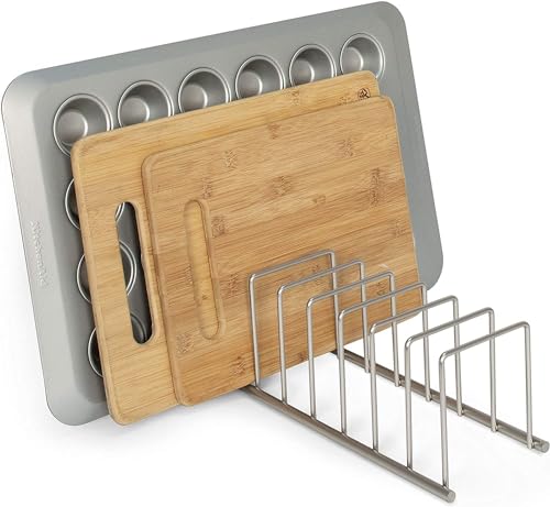 Spectrum Diversified Euro Kitchen Organizer for Plates, Cutting Boards, Bakeware Cooling Racks, Pots & Pans, Serving Trays, Reusable Containers, and Lids, Satin Nickel 13.5" x 4.5" x 4.25"