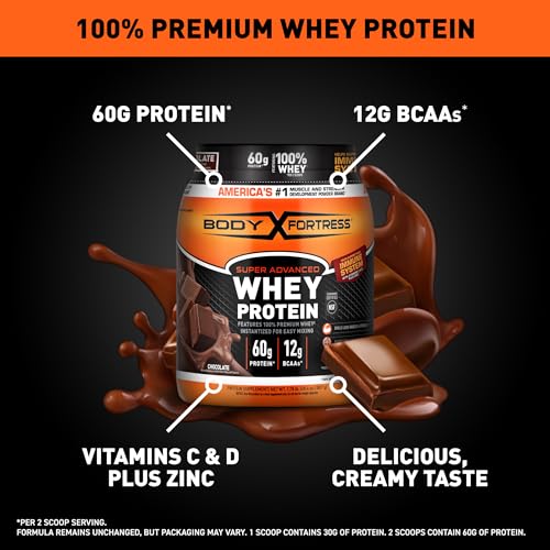 Body Fortress Super Advanced 100% Premium Whey Protein Powder, Chocolate, 60g Protein & 12g BCAAs Per 2 Scoops, Muscle Gain & Recovery, Immune Support with Vitamins C & D, 1.78lbs (Packaging May Vary)