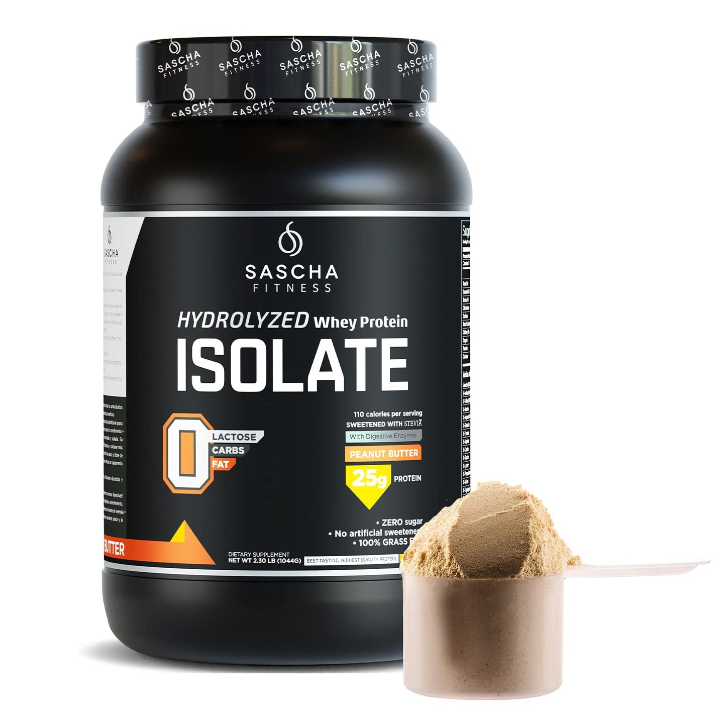 SASCHA FITNESS Hydrolyzed Whey Protein Isolate,100% Grass-Fed (2.3 Pounds, Peanut Butter)