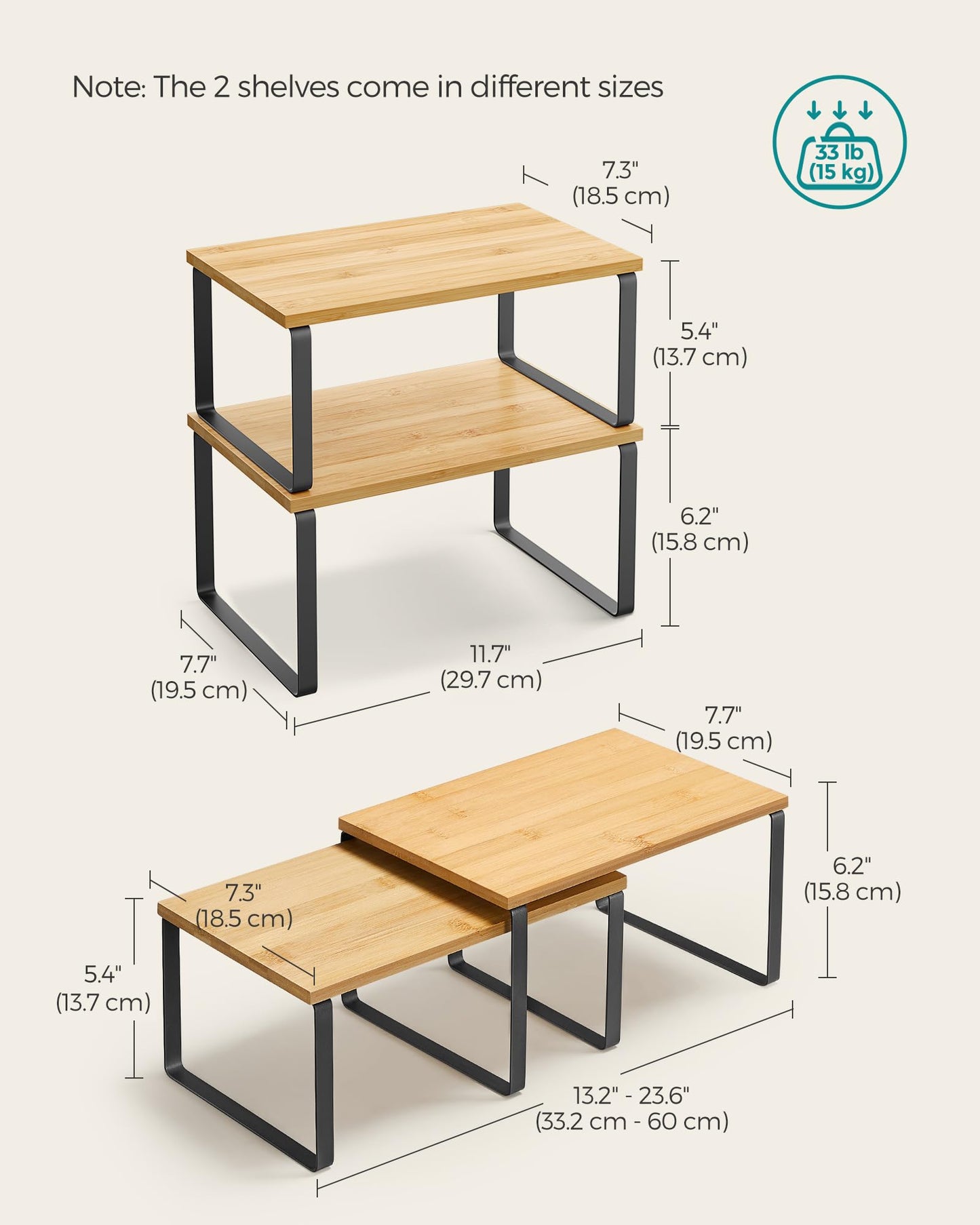 SONGMICS Cabinet Organizer Shelf, Set of 2 Kitchen Counter Shelves, Kitchen Storage, Spice Rack, Stackable, Expandable, Metal and Engineered Wood, Ink Black and Natural Beige UKCS02NB