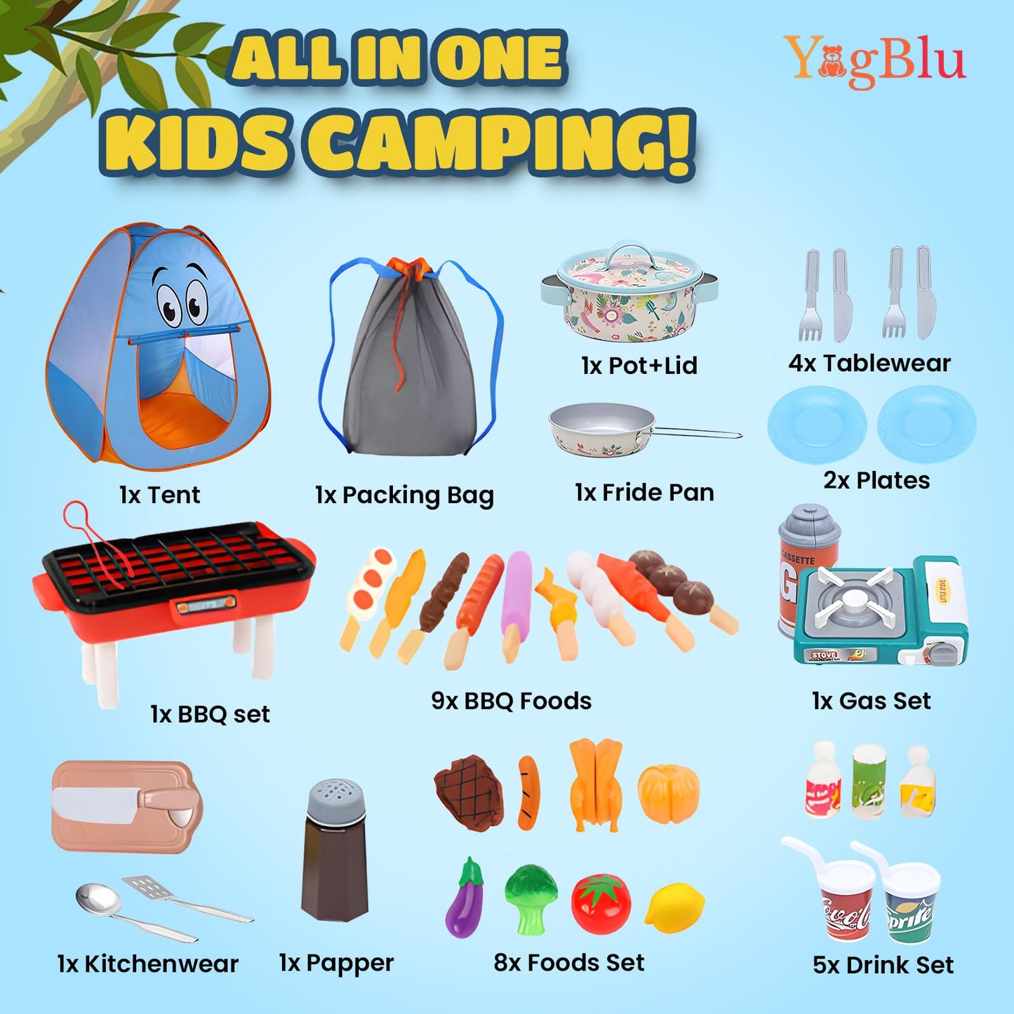 YOGBLU Kids Camping Set-Camping Toys for Kids-Camping Equipment Set for The Little Ones at Home-Children's Tent-Outdoor Toys- Camping Tool Set for Children-Kids campimg Tent