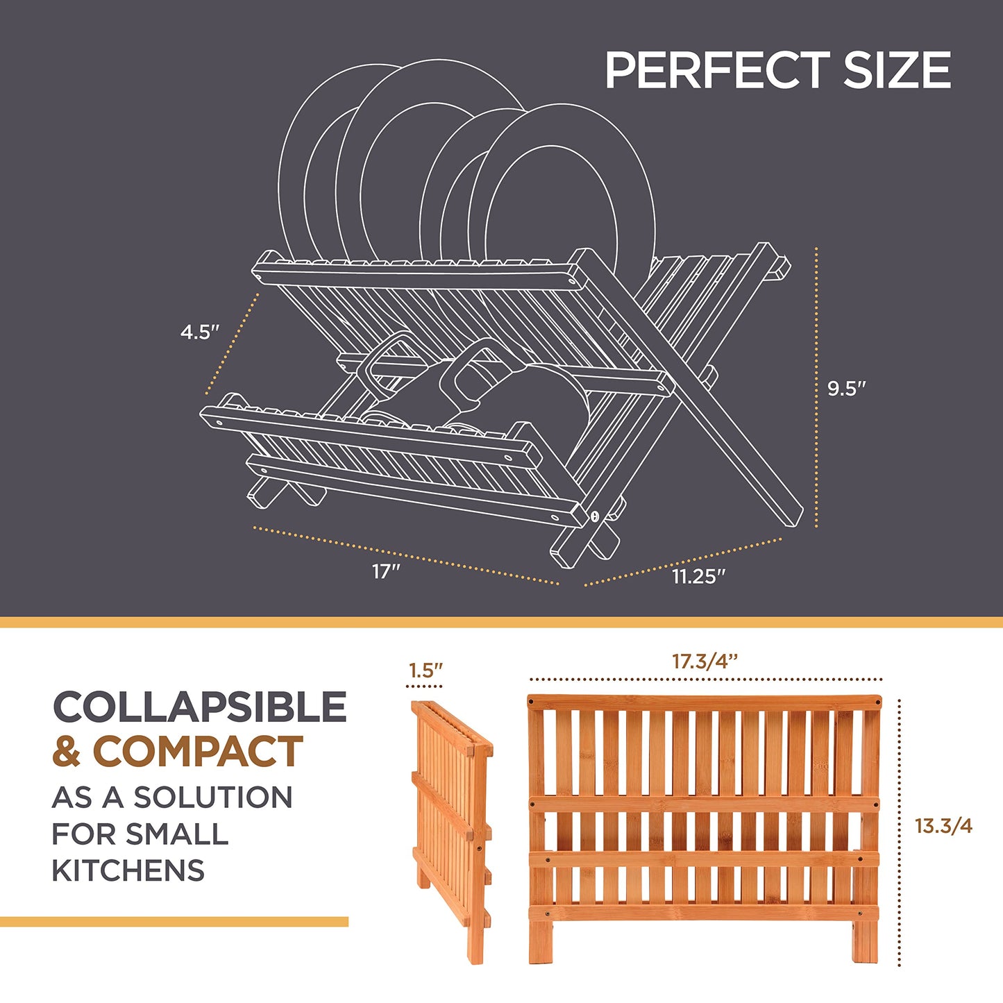 Bambüsi Bamboo Dish Drying Rack - Collapsible 2-Tier Dish Drainer Kitchen Plate Rack for Kitchen Countertop - Foldable & Compact for Space-Saving Storage