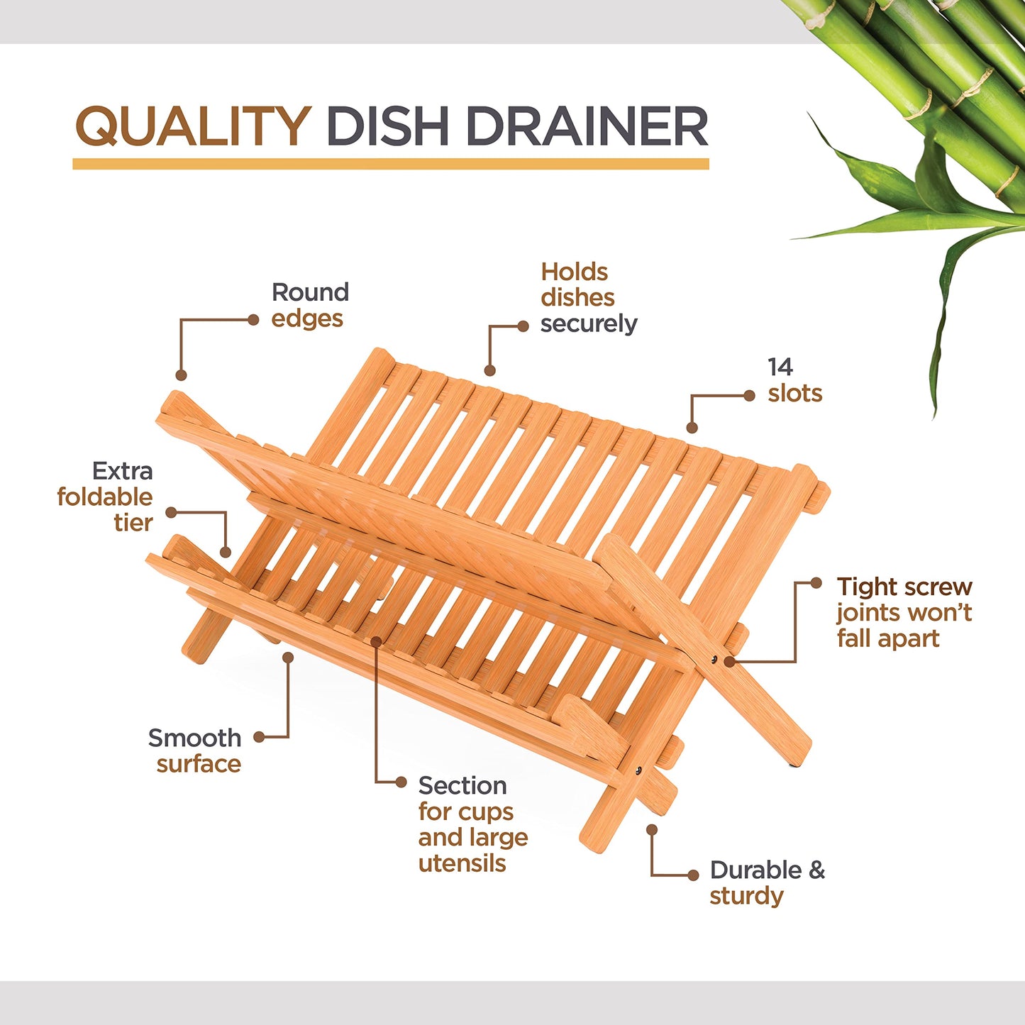 Bambüsi Bamboo Dish Drying Rack - Collapsible 2-Tier Dish Drainer Kitchen Plate Rack for Kitchen Countertop - Foldable & Compact for Space-Saving Storage